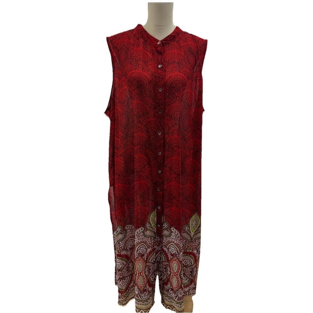 Roamans Red Floral Cover Up Plus Size 3X Sleeveless Sheer  Button Up Side Slit